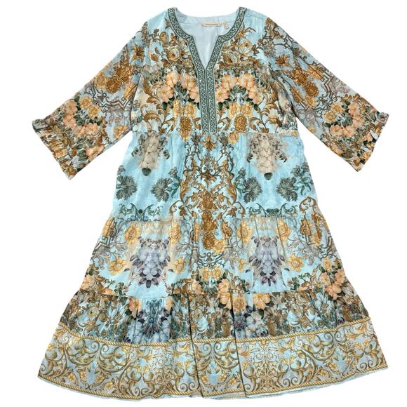 Soft Surroundings Size 1X Baroque Maxi Dress Aqua Gold Floral Boho Hippie Flowy - Picture 4 of 11